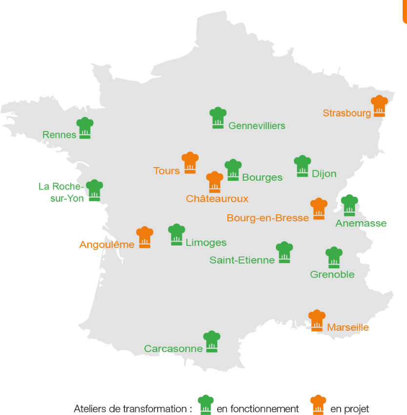 Carte representant les ateliers de transformation en France